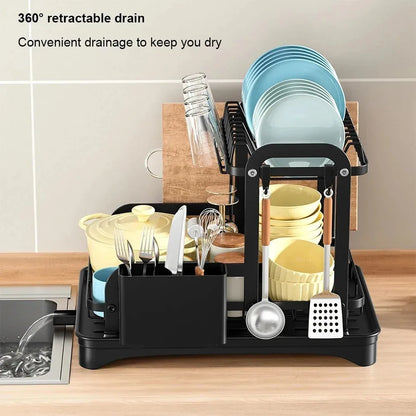 2 Tier Dish Bowl Drainer Storage Rack Kitchen Dish Drying Rack with Drain Basket Countertop Dinnerware Organizer Drainboard